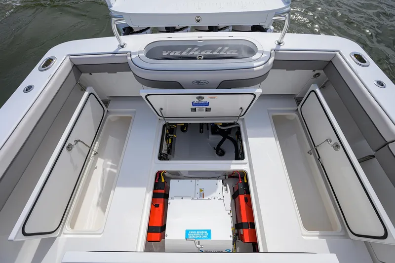 Slide: The Image of 2022 Valhalla Boatworks V-41 deck with storage compartments and equipment. - 18