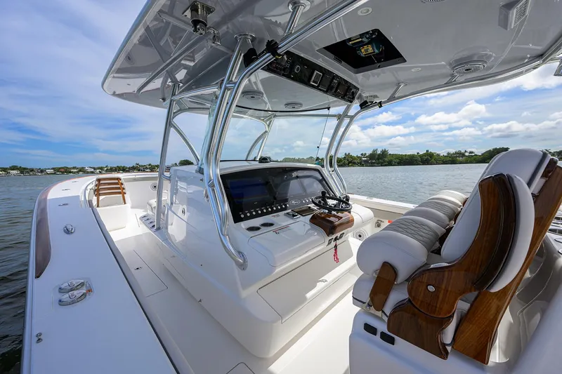 Slide: The Image of 2022 Valhalla Boatworks V-41 center console boat interior on the water. - 28