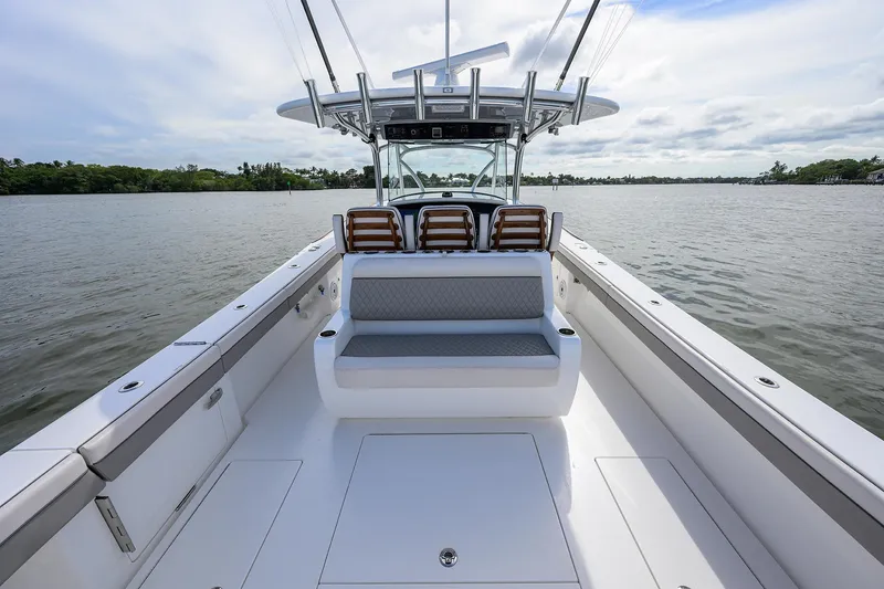Slide: The Image of 2022 Valhalla Boatworks V-41 center console boat on calm water. - 25