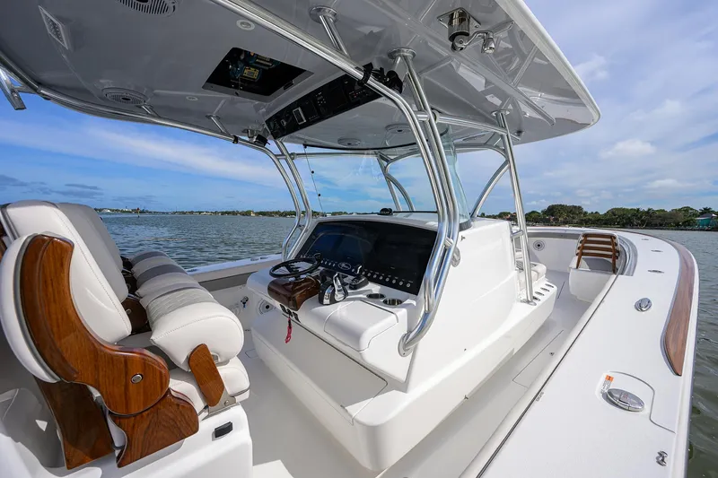 Slide: The Image of 2022 Valhalla Boatworks V-41 center console with luxurious seating and advanced navigation system. - 33