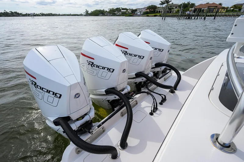 Slide: The Image of 2022 Valhalla Boatworks V-41 with quad Mercury Racing outboard engines on water. - 20