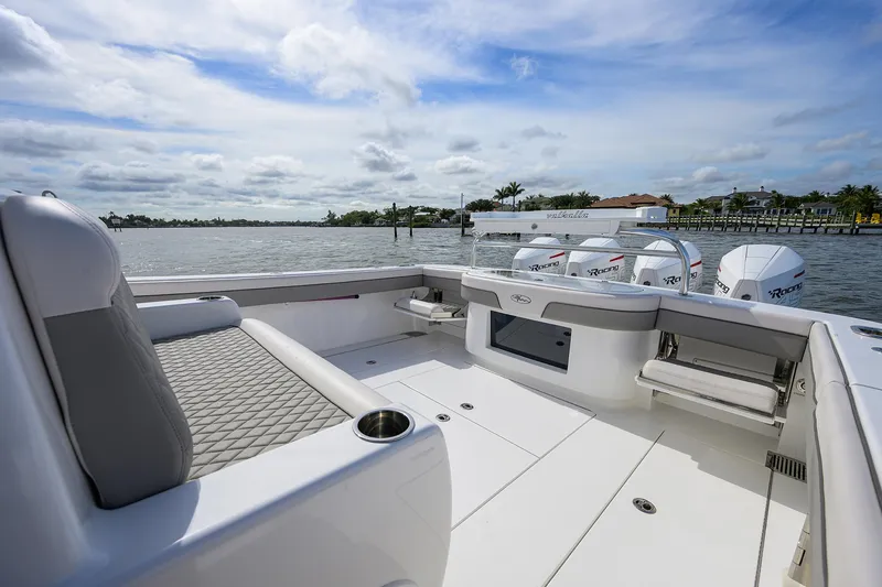 Slide: The Image of 2022 Valhalla Boatworks V-41 on water, spacious deck, and seating area. - 23