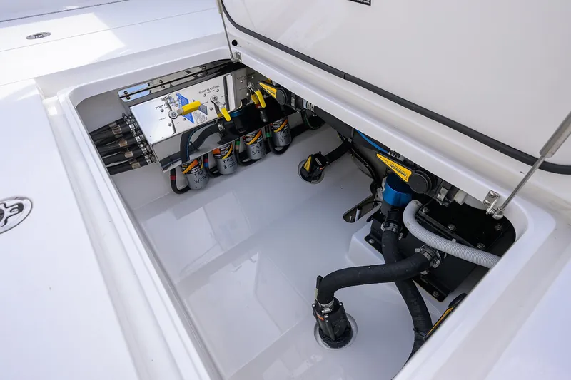 Slide: The Image of 2022 Valhalla Boatworks V-41 engine compartment with advanced wiring and plumbing systems. - 40