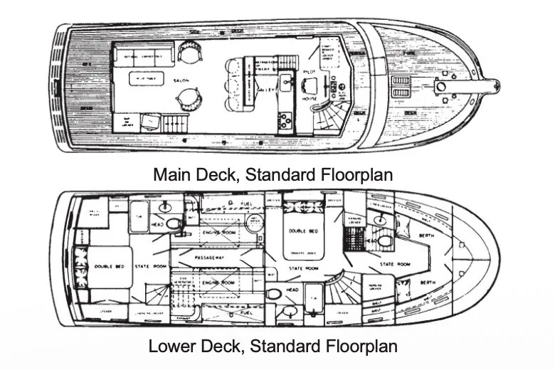Slide: The Image of Floor plans of 1985 Marine Trader 50 yacht, main and lower decks detailed. - 14