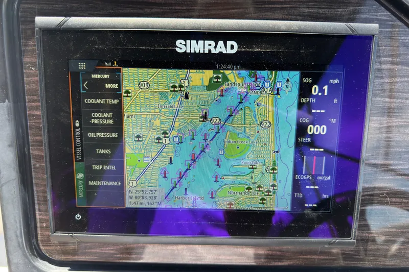 Slide: The Image of Simrad navigation display on 2018 Sea Ray Sundancer 260, showing detailed marine map and vessel data. - 68