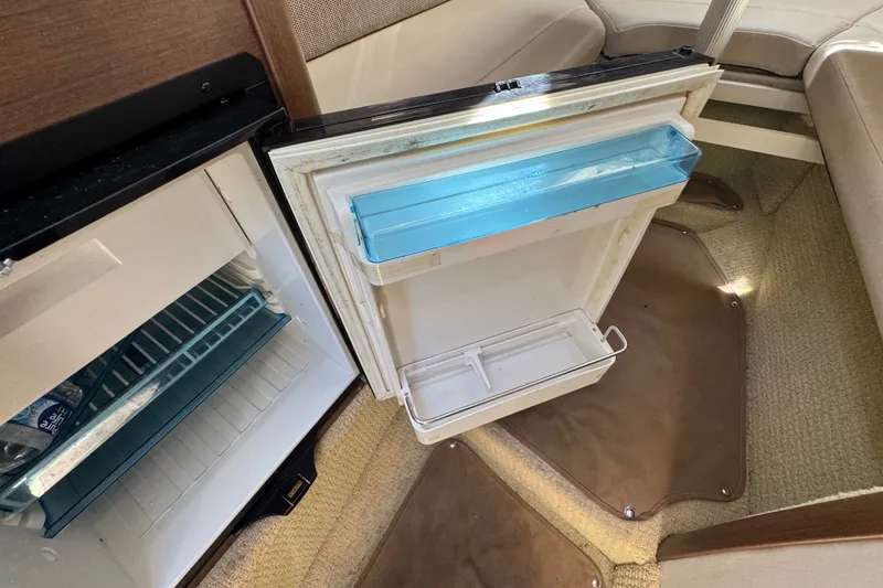 Slide: The Image of Interior view of a 2018 Sea Ray Sundancer 260, featuring an open mini fridge. - 43