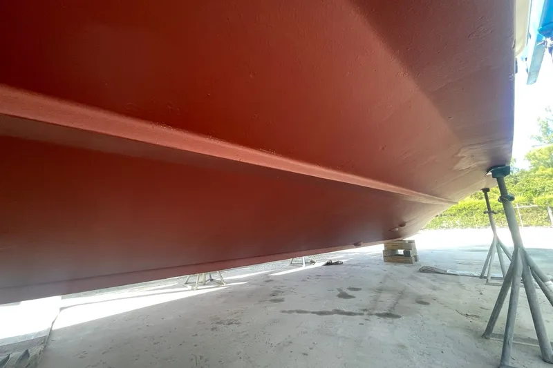Slide: The Image of Bottom view of 1998 Grand Banks 43 Eastbay FB boat on stands. - 71