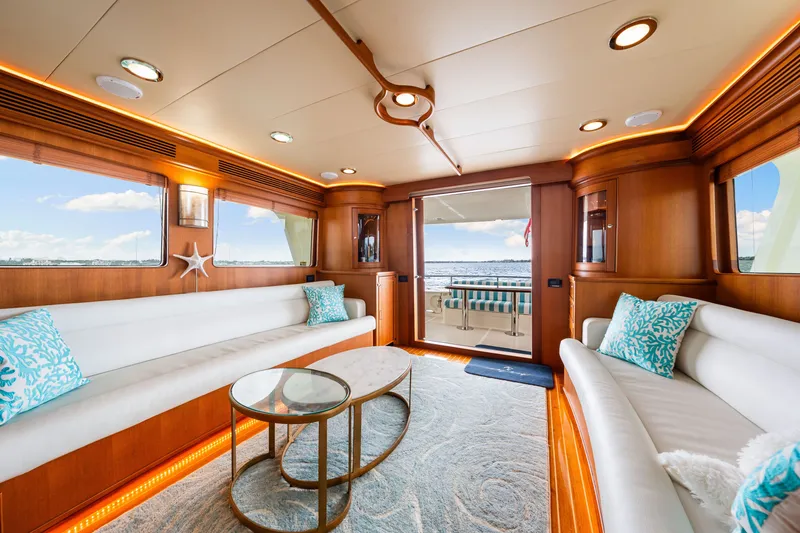 Slide: The Image of Luxurious interior of 2017 Marlow Explorer 49E yacht with elegant seating and ocean view. - 37