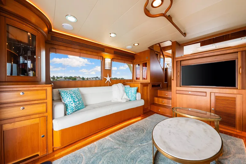 Slide: The Image of Luxurious interior of 2017 Marlow Explorer 49E yacht with elegant wood finishes and modern decor. - 36