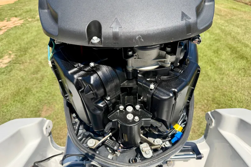 Slide: The Image of 2017 Sea Hunt BX25BR boat engine close-up on grassy background. - 14