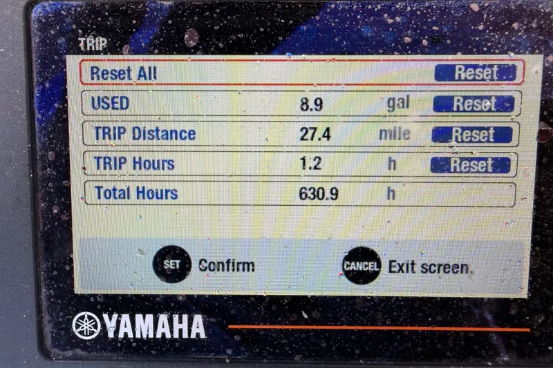 Slide: The Image of Yamaha trip display showing fuel usage, distance, and hours for 2017 Sea Hunt BX25BR. - 11