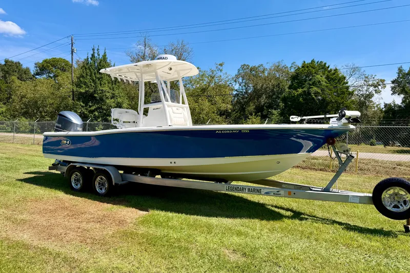 The Image of 2017 Sea Hunt BX25BR boat on trailer, parked on grass under clear sky. - 1