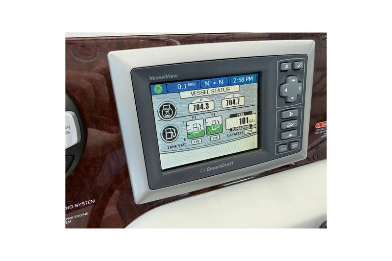 Slide: The Image of SmartCraft VesselView display on 2013 Sea Ray Sundancer 350 dashboard showing vessel status. - 52