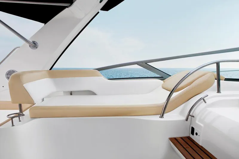 Slide: The Image of Manufacturer Provided Image: 2013 Sea Ray 350 Sundancer boat interior with luxurious seating and ocean view. - 28