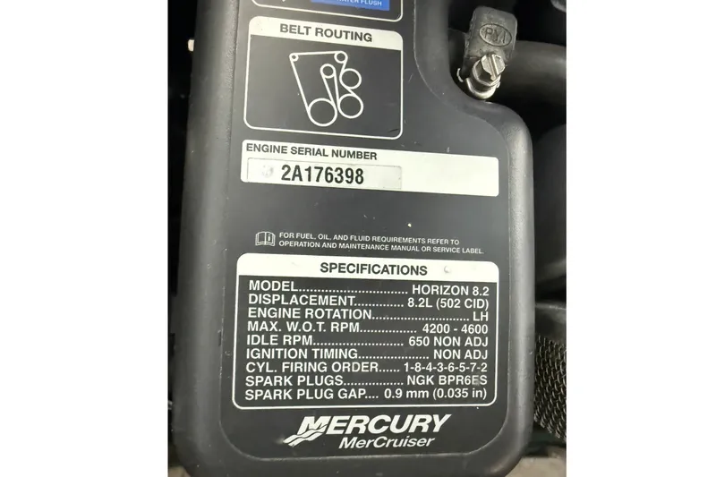 Slide: The Image of Engine specifications label for 2013 Sea Ray Sundancer 350, featuring Mercury MerCruiser Horizon 8.2. - 53