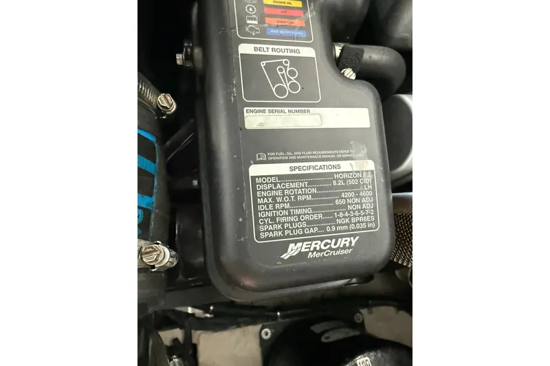 Slide: The Image of Engine specifications label on a 2013 Sea Ray Sundancer 350, featuring Mercury MerCruiser details. - 54