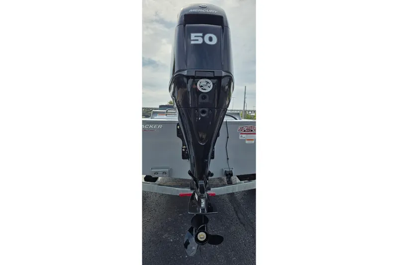 Slide: The Image of 2027 Tracker Bass Tracker Classic CC with Mercury 50 outboard motor, rear view. - 14