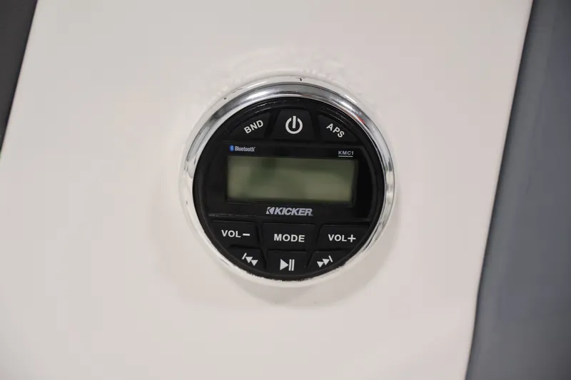Slide: The Image of Kicker audio control panel in 2022 Tahoe T18 boat, featuring Bluetooth connectivity. - 20
