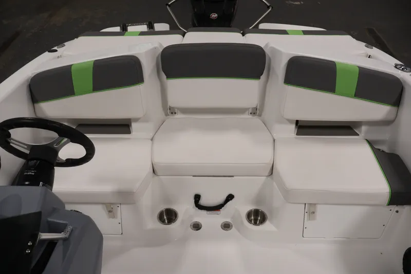 Slide: The Image of Interior seating of 2022 Tahoe T18 boat with gray and green accents. - 22