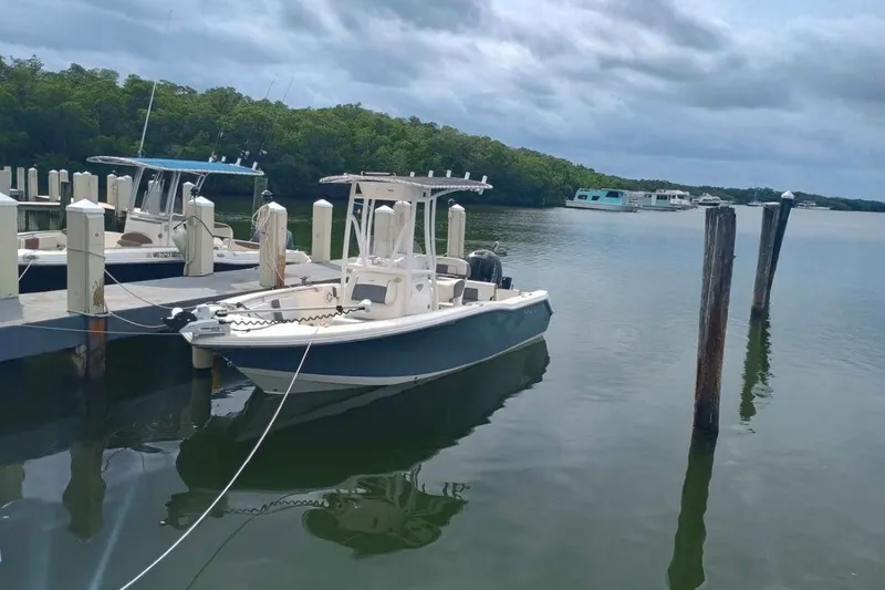 The Image of 2019 Tidewater 210 CC Adventure boat docked on calm water under cloudy skies. - 9