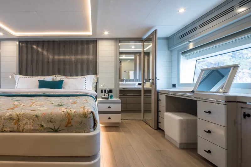 Slide: The Image of Luxurious Sirena 78 yacht bedroom interior, featuring elegant decor and modern furnishings, 2027 model. - 34