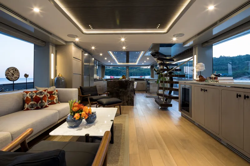 Slide: The Image of Luxurious interior of 2027 Sirena 78 yacht with modern decor and panoramic windows. - 24