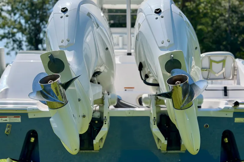 Slide: The Image of Twin outboard engines on a 2025 Sea Fox 268 Commander boat. - 13