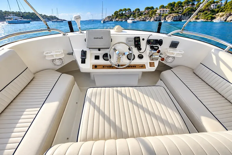 Slide: The Image of Cockpit of 2001 Mainship 390 Trawler with Garmin navigation, overlooking serene blue waters. - 32