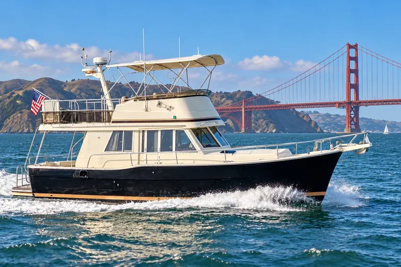 Slide: The Image of 2001 Mainship 390 Trawler cruising near Golden Gate Bridge on a sunny day. - 2