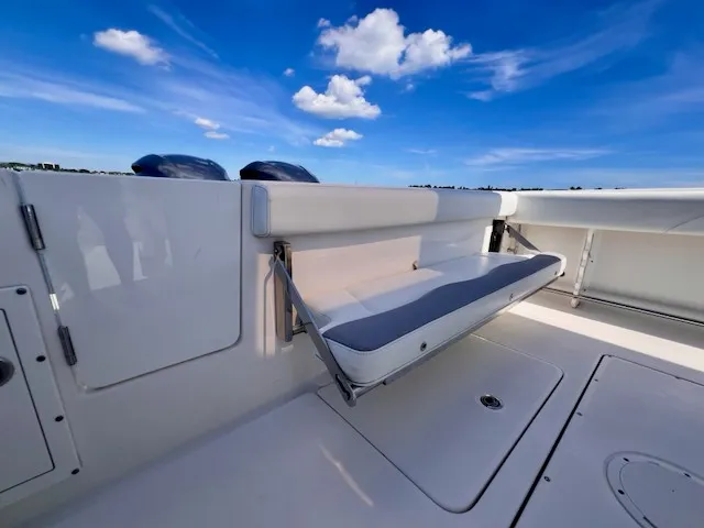 Slide: The Image of The 2018 Edgewater 320CC features a clean white bench seat under a clear blue sky. - 22