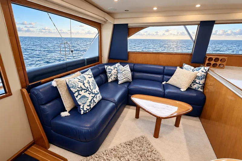 Slide: The Image of Luxurious interior of 2002 Viking 52 Convertible yacht with ocean view and plush seating. - 35