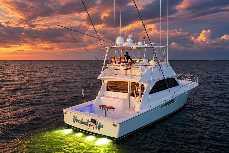 Slide: The Image of 2002 Viking 52 Convertible yacht at sunset, illuminated on calm ocean waters. - 20