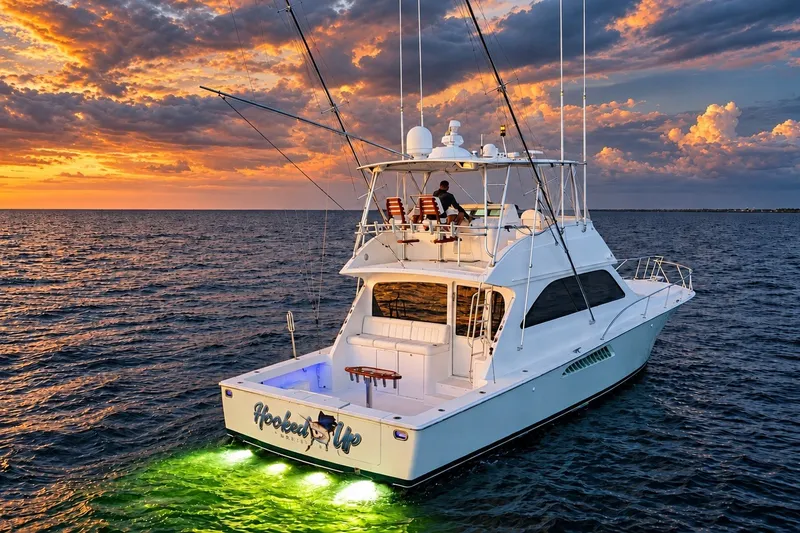 Slide: The Image of 2002 Viking 52 Convertible yacht at sunset, illuminated by underwater lights. - 5