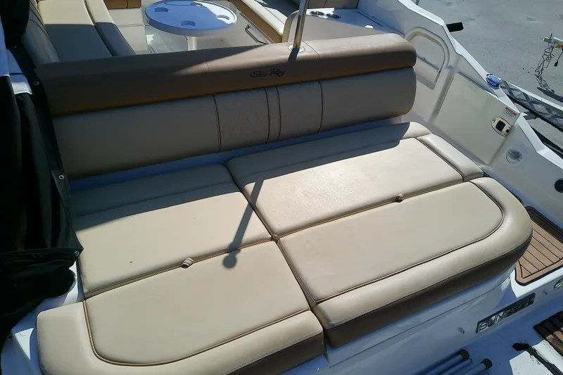 Slide: The Image of 2015 Sea Ray SDX 270 Outboard boat with beige leather seating. - 16