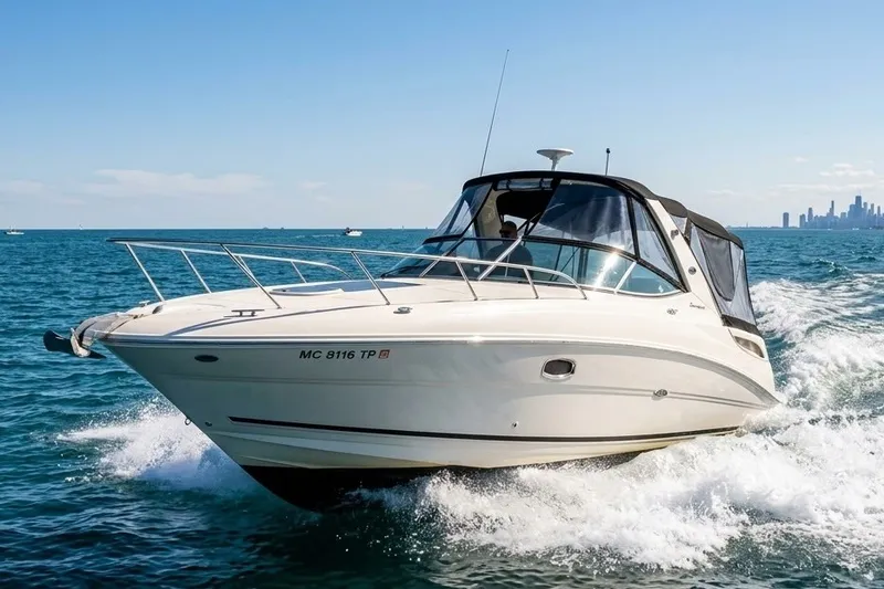 The Image of 2012 Sea Ray Sundancer 310 cruising on open water with city skyline in background. - 0
