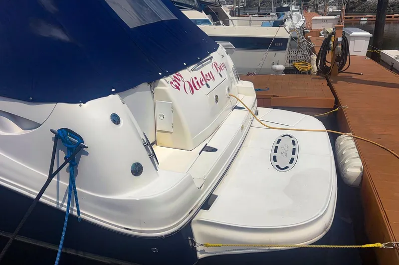 Slide: The Image of 2006 Sea Ray 320 Sundancer docked, featuring a blue canopy and white hull. - 5
