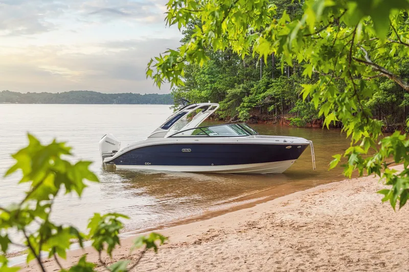 Slide: The Image of A 2027 Sea Ray SDX 250 Outboard is moored at a tranquil sandy beach, surrounded by green trees. - 41