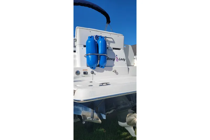 Slide: The Image of 2008 Regal 2565 Express Cruiser with blue fenders, docked under clear sky. - 9