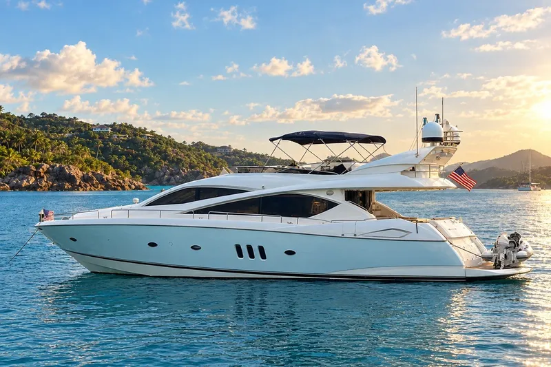 The Image of 2005 Sunseeker 75 Yacht cruising in scenic tropical waters at sunset. - 0