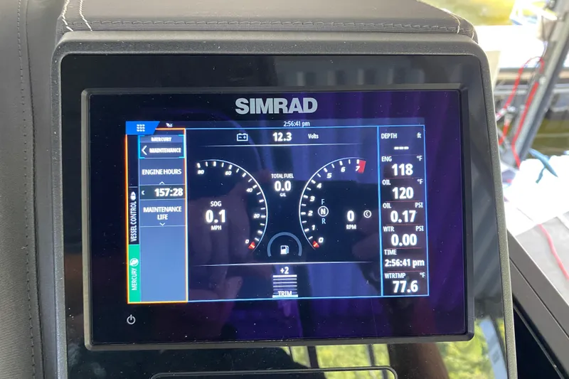 Slide: The Image of Simrad display on 2023 Barletta Lusso 25UCA showing engine metrics and maintenance data. - 37