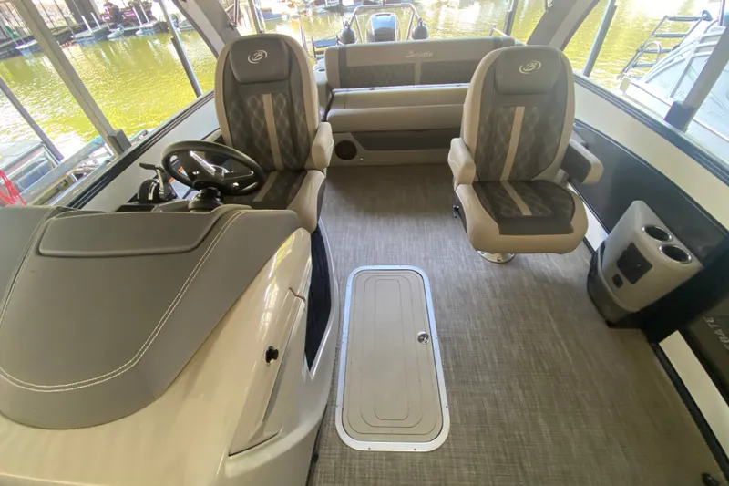 Slide: The Image of Interior of 2023 Barletta Lusso 25UCA boat with luxurious seating and modern design. - 27