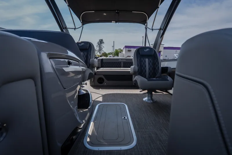 Slide: The Image of Interior of 2023 Barletta Lusso 25UCA pontoon boat with luxurious seating and modern design. - 42