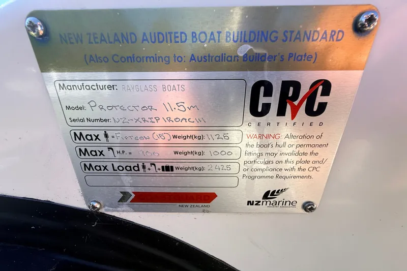 Slide: The Image of New Zealand boat compliance plate for 2011 Protector Tauranga 38 by Rayglass Boats. - 50