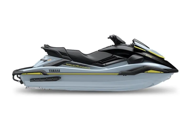 Slide: The Image of 2027 Yamaha WaveRunner FX SVHO, sleek design, side view, light blue and black color scheme. - 3