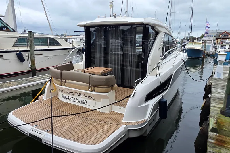 Slide: The Image of 2015 Bavaria 360 Sport HT yacht docked in marina, Annapolis, MD. - 2