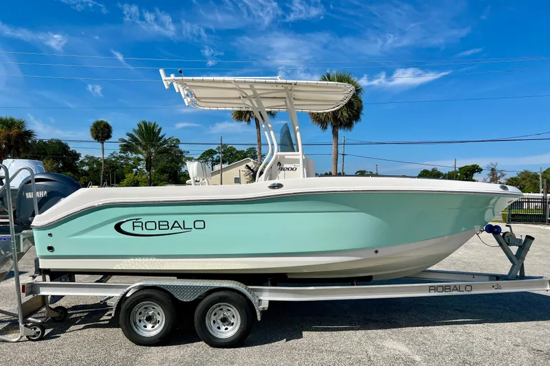 The Image of 2024 Robalo R200 Center Console boat on trailer, under clear blue sky. - 1