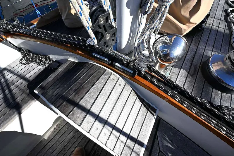 Slide: The Image of Deck of 1982 Passport Hoyt 45 sailboat with ropes and winches. - 27
