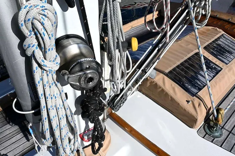 Slide: The Image of Sailboat deck with ropes and winch, Passport Hoyt 45, 1982 model. - 25