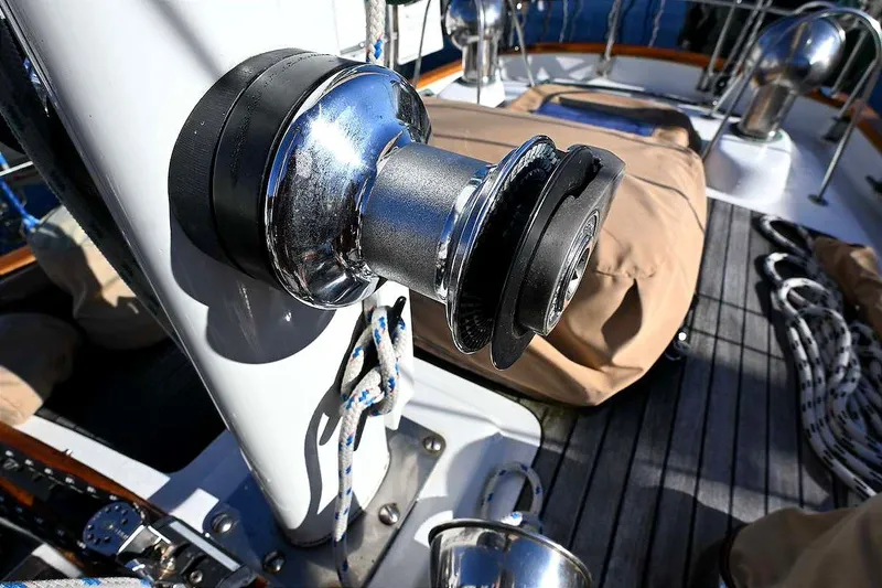 Slide: The Image of Close-up of a winch on a 1982 Passport Hoyt 45 sailboat deck. - 30