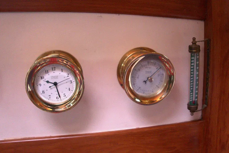 Slide: The Image of Vintage brass clock and barometer on a wooden panel, Passport/Hoyt 45, 1982. - 81
